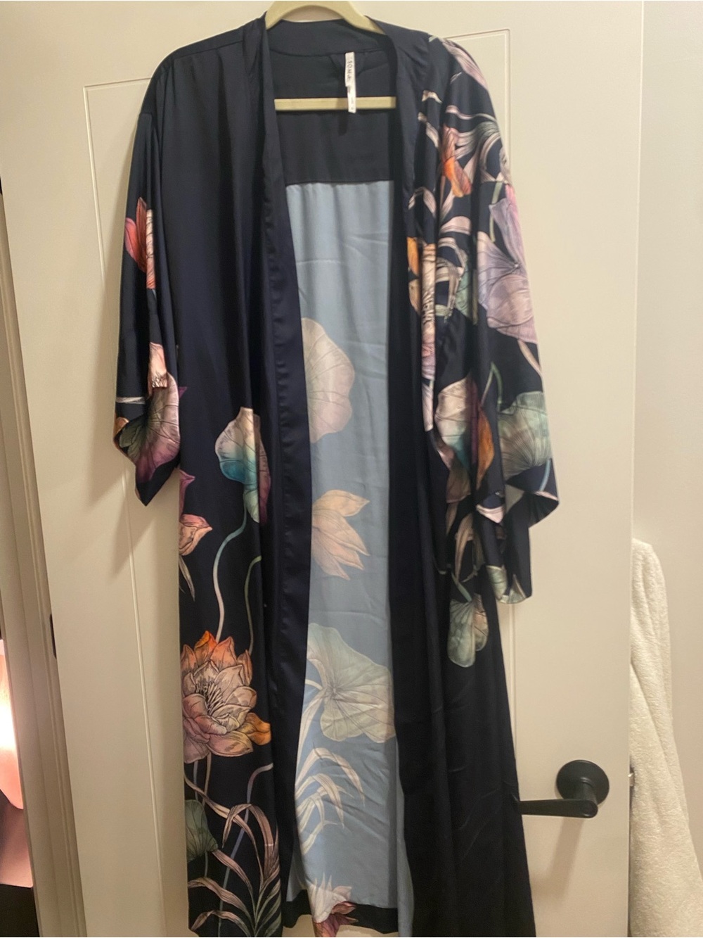 Soma Navy Floral Satin Robe with Multicolor Botanical Print